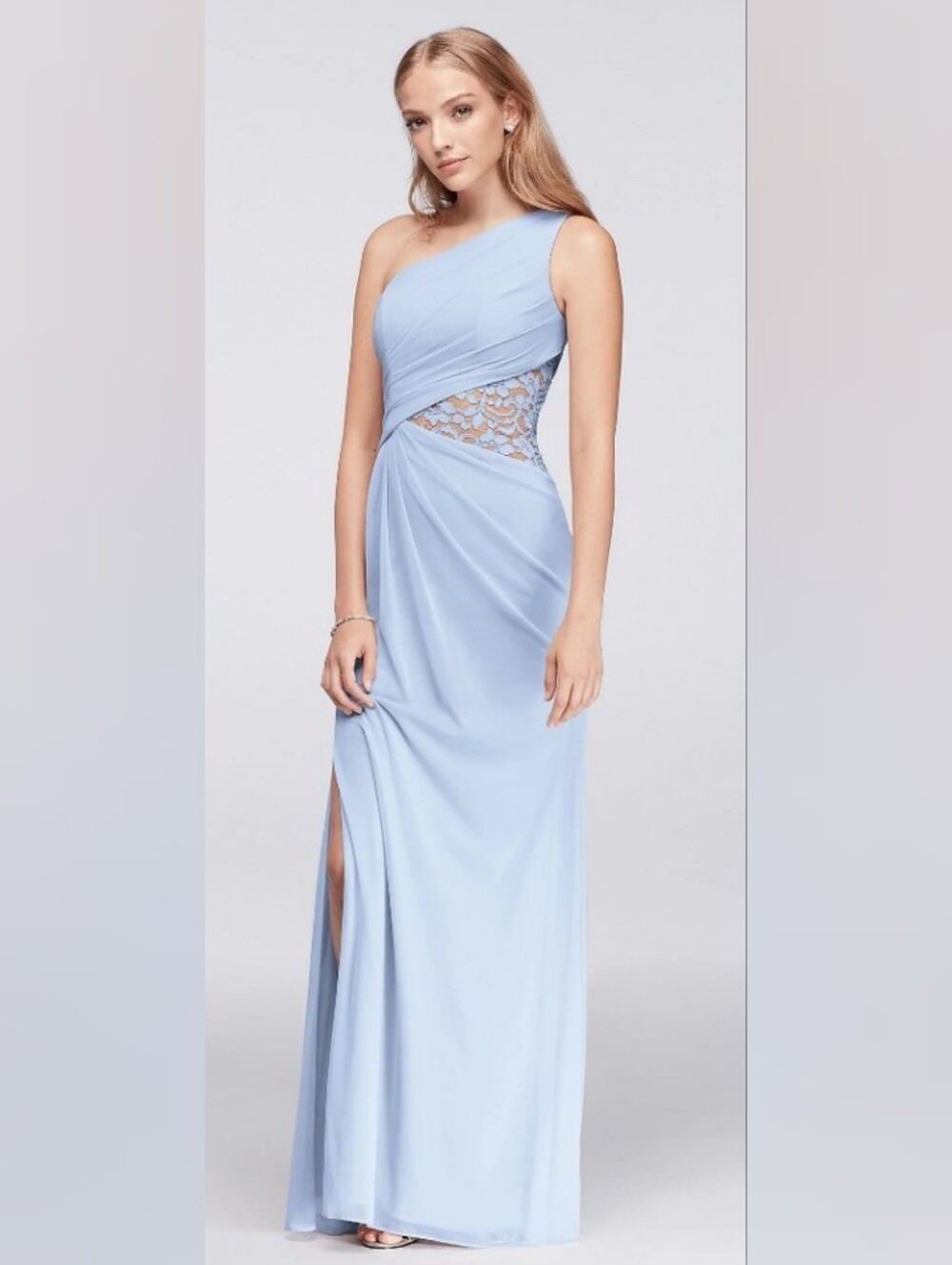 David's Bridal Long Bridesmaid Dress Ice Blue 1-Shoulder Mesh with Lace Inset 12